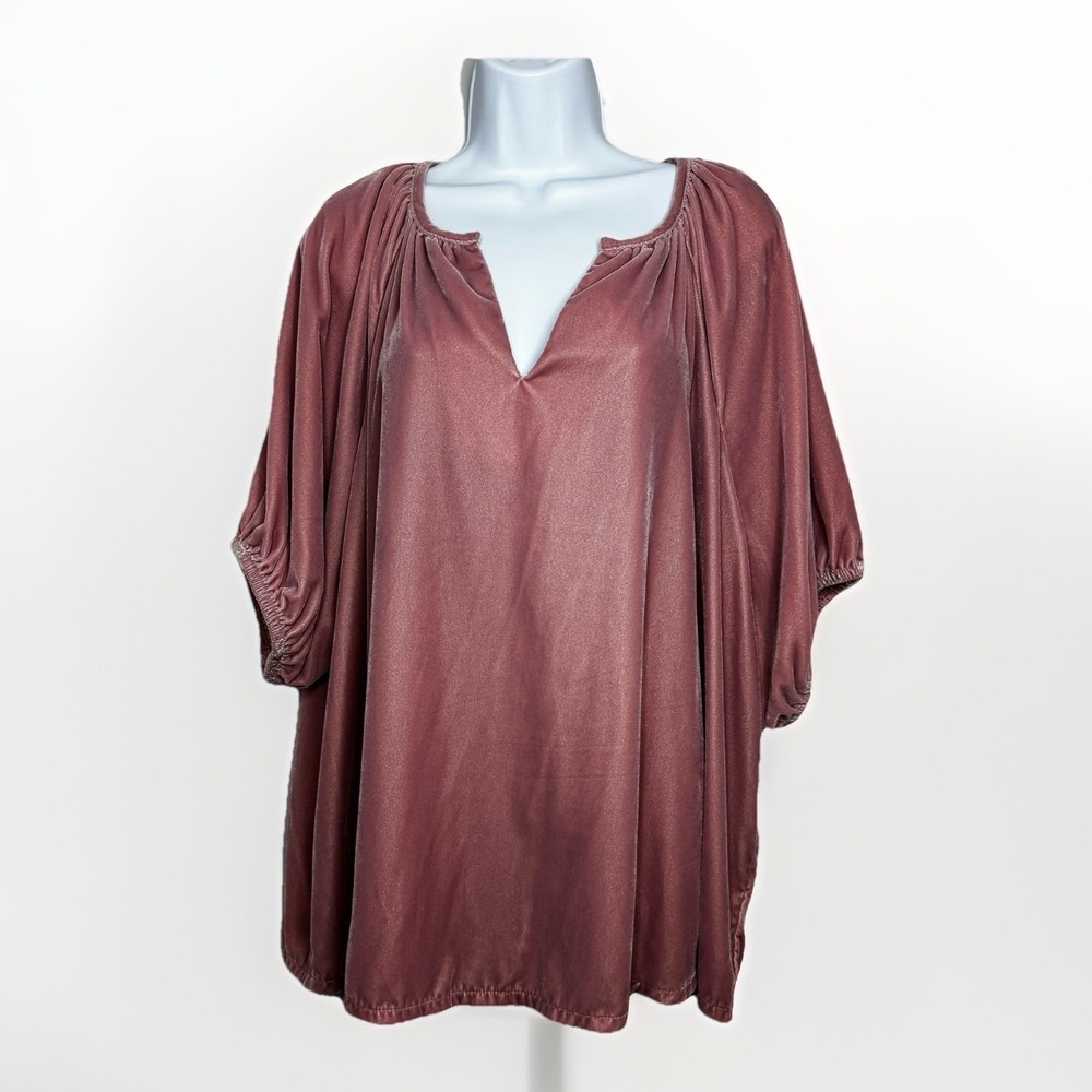 Old Navy Pink Velvet Split Neck Top XXL Tall Blush Boho Romantic Short Sleeve